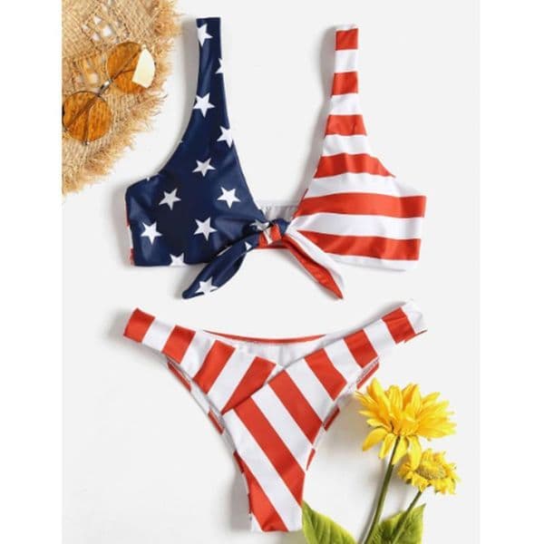 Triangle Bikini Swimsuit Set Summer Sexy Women Stars Stripes USA Flag Print Bow Tie Padded Bra America Swimwear Women's