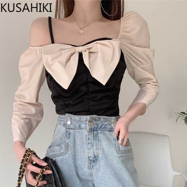 Bowknot Hit Color Patchwork Women Tops Sexy Strapless Puff Sleeve Blouse Slim Irregular Blusas Shirt 6G255 210603