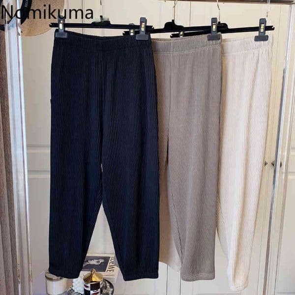 Nomikuma Sweatpants Women Korean High Waist Ankle=length Trousers Causal Solid Pleated Harem Pants Pantalones De Mujer 6G917 210427
