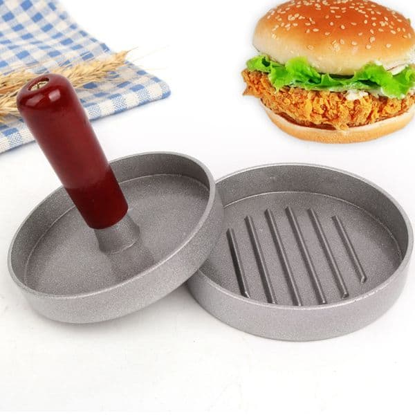 Aluminum Alloy Round Shape Hamburger Press Kitchen Tool Wooden Handle Non-Stick Burger Maker Hamburgers Mold Meat Beef BBQ Grill HY0028