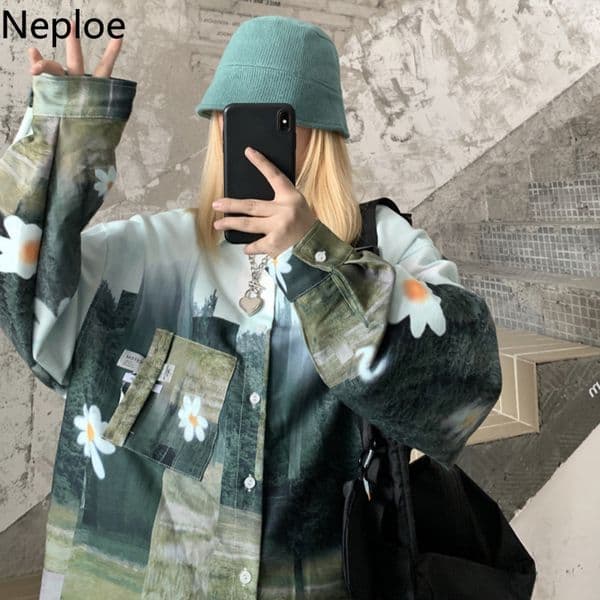 Neploe Harajuku Vintage Blouses Women Fashion Korean Shirts Chic Print Blusas Oversized Outwear BF Streetwear Blouse Tops 210422