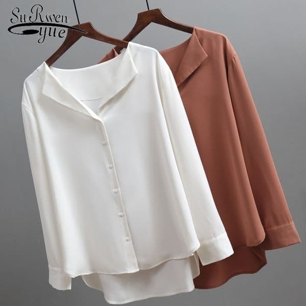 Fashion Long Sleeve Chiffon Blouse Women Brown White Shirts Tunics for Women Office Style Silk Shirt Woman Blouse 5104 50 210410