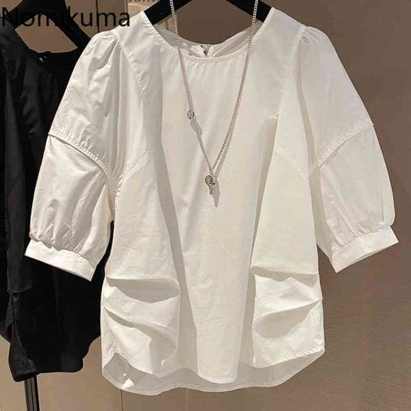 Nomikuma Women Doll Shirt Sweet Half Puff Sleeve Causal Lace Up O-neck Top Blusas New Solid Pullover Blouse Feminimos 6H362 210427