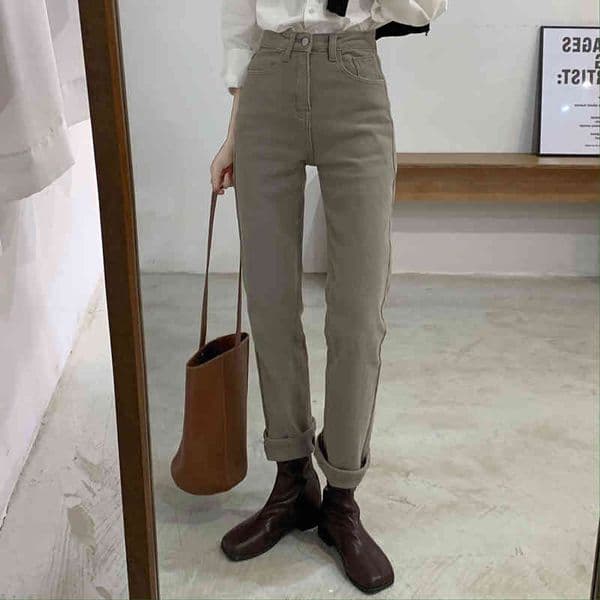 OL Vintage High Waist Straight Denim Cotton Pants Women Bottoms Autumn Winter Jeans Solid Loose Trousers Female 210421