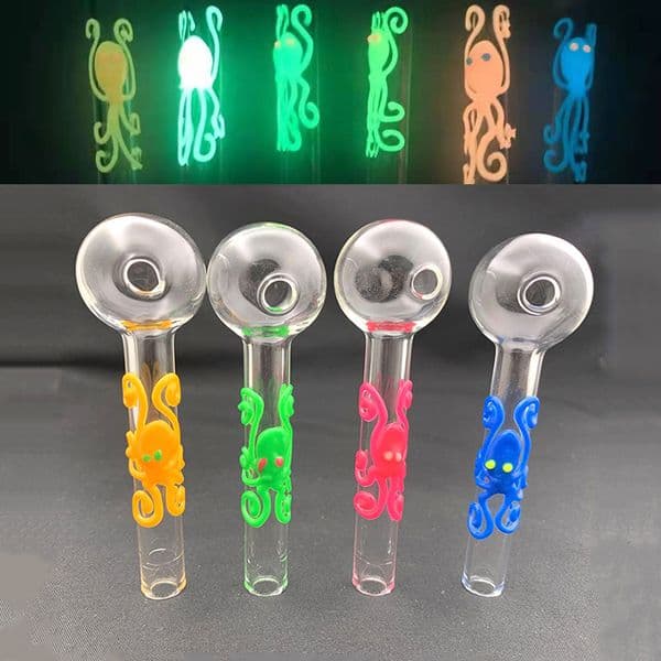 Handcraft Pyrex Luminous Glass Oil Burner Pipe octopus shape Smoking Hand Pipes Glow in the dark Glass Pipe Free Ship 4inch 30mm ball