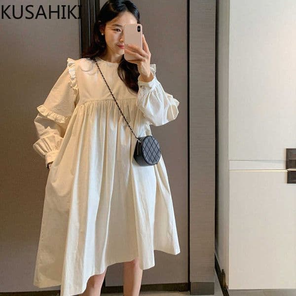 Korea Chic Sweet Ruffle Dresses Causal Puff Sleeve O-neck Women Dress Pleated High Waist A-line Vestidos Mujer 6G420 210603