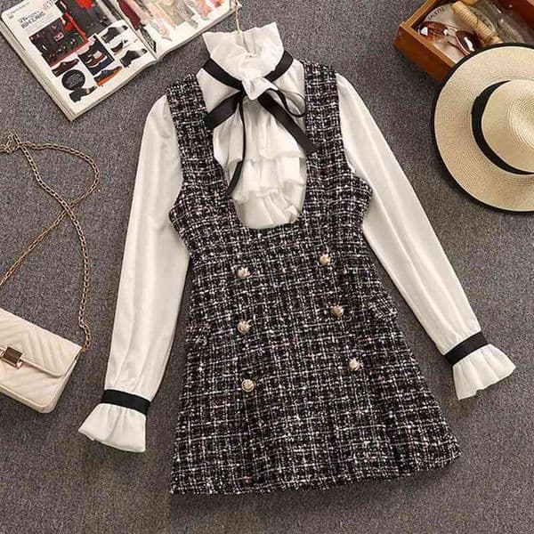 2020 Autumn Winter 2 Piece Set Overalls Dress Women Elegant Ruffles Chiffon Bow Shirt Top+Double Breasted Plaid Tweed Vest Dress T200825