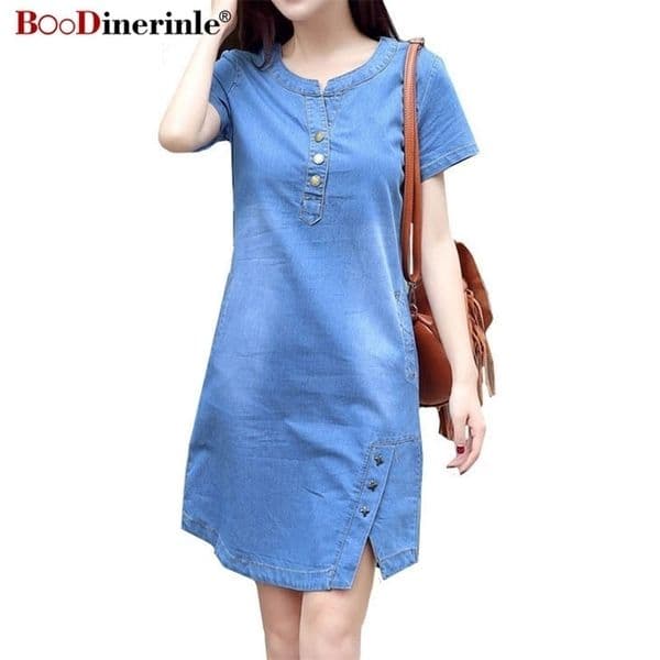 Korean Plus Size Denim Dress For Women Summer Dress Casual With Button Pocket Sexy Mini Jeans Dress 3xl 4XL BOodinerinle 210409