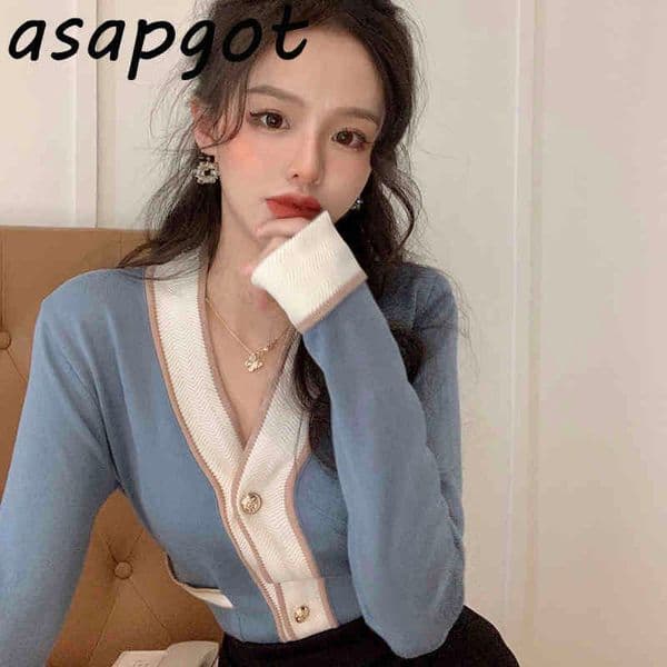 Sweet Chic Autumn V Neck Contrast Knitted Cardigan Jacket Slim Long Sleeve Knit Tops Patchwork Single-breasted Sweater Pull 210429