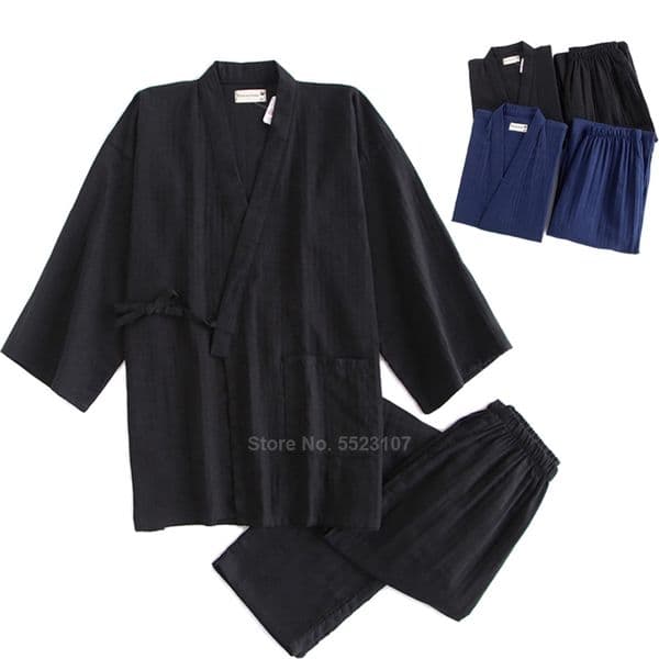 Kimono Pajamas Set for Samurai Men Cotton Traditional Japanese Top Trousers Pure Color Casual Breathable Yukata Sleepwear 210901