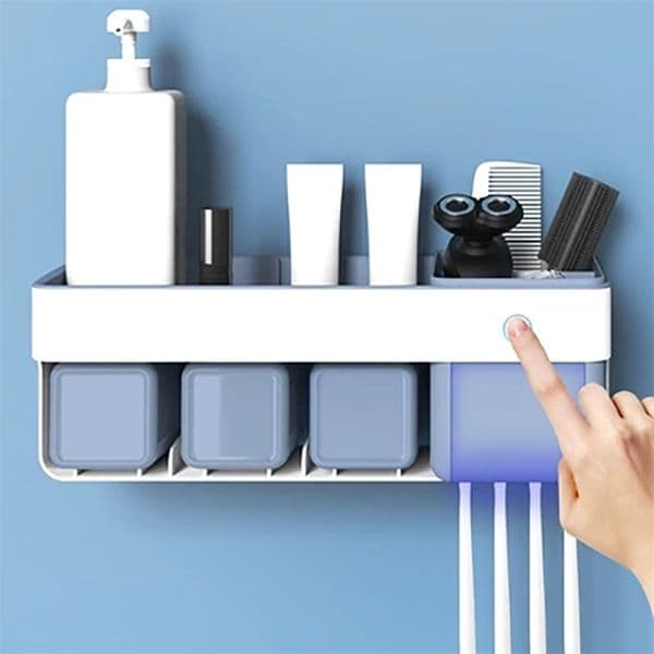 Waterproof Toothbrush Holder with Cups Toothpaste Makeup Partition Storage Rack Punch Free Bathroom Accessories Sets 210423