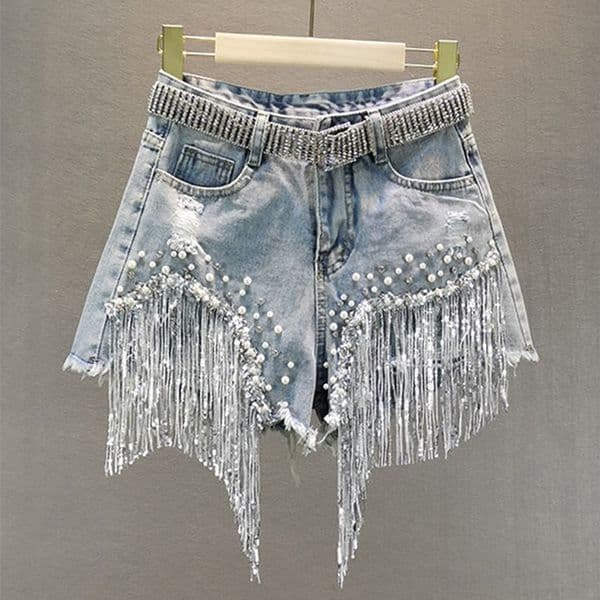 in stock Europe Style Summer Women's Diamond Beading Sequin Tassel Denim Shorts Jeans Fashion Ladies All-match Trousers 210428
