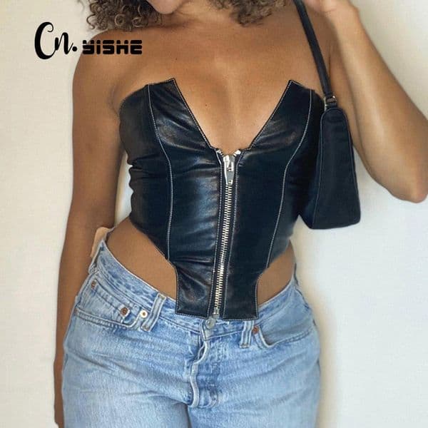 CNYISHE Sexy V-cut Zipper Tank Tops Women Vest Sleeveless Strapless PU Leather Women's Tube Top Female Black Crop Top Streetwear 210419