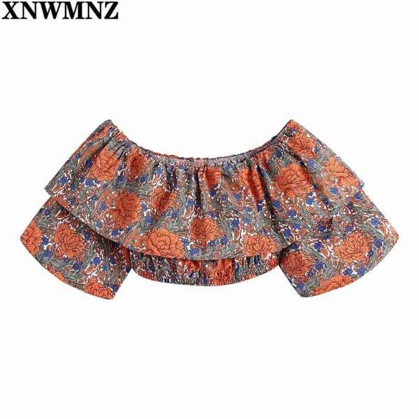 Women Holiday Tropical Floral Printing Elastic Short Smock Blouse Female Off Shoulder Ruffles Shirt Chic Crop Tops 210520