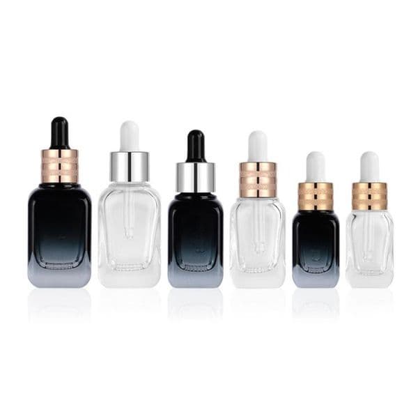 Elegant Glass essential oil perfume bottles clear dark blue dropper bottle grid square bottle with thick bottom gold cap white tip SN3303