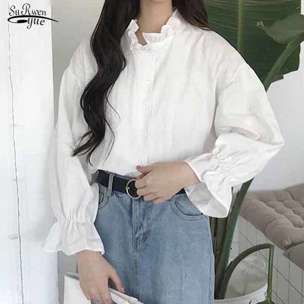 All-match Women Stylish Autumn White Solid Blouse Shirt Korean Style Long Sleeve Kawaii Casual Tops 11359 210508