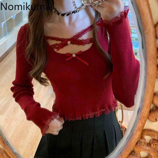 Nomikuma Sweet Bowknot Lace Square Collar Long Sleeve Knitwear Korean Slim Short Knitted Tops Autumn Pullover Pull 6C869 210427