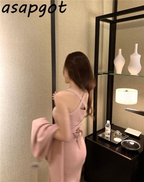 Sexy Tight Wrap Hip Halter Spaghetti Strap Knitted Dress Women Short Sweater Cardigan Jacket 2Piece Sets Fashion Temperament 210429