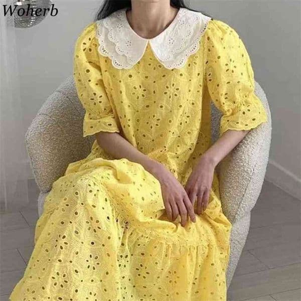 Vestido De Mujer Summer Fashion Women Clothing Hollow Out Embroidery Dresses Loose Puff Sleeve Elegant Maxi Dress 95310 210519