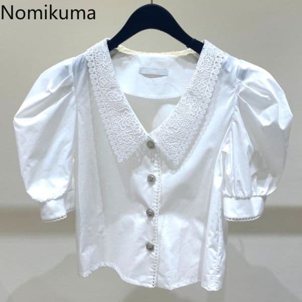 Nomikuma Women Blouses Lace Turn Down Collar Short Shirt Sprign Summer Puff Short Sleeve Sweet Blusas Mujer De Moda 6F403 210427