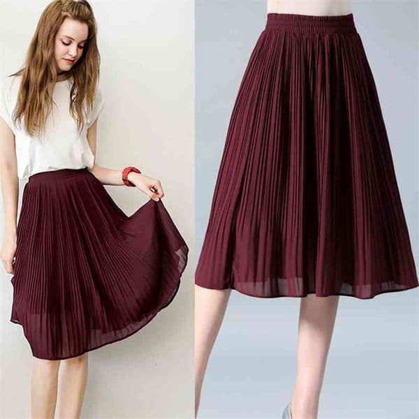 Women Chiffon Skirt Summer Thin Solid Pleated Skirts Womens Saias Midi Faldas Vintage Women Midi Skirt 210412Z