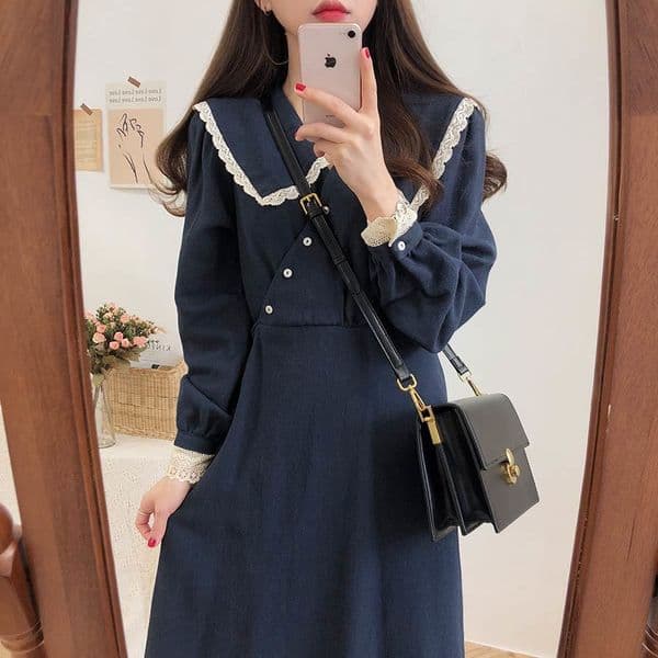 S-XL Spring robe lace girls Boho OL Casual blue long Sleeve Women Dresses Female Dress braces Femme Vestido 210417Z