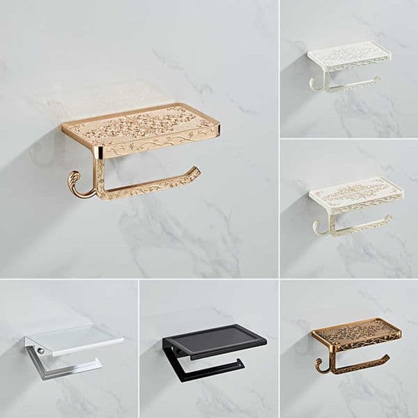 Bathroom Hardware Set White Paper Mobile Phone Holder Space Aluminum Antique Roll with Shelf Toilet Box Wall Mount 210709