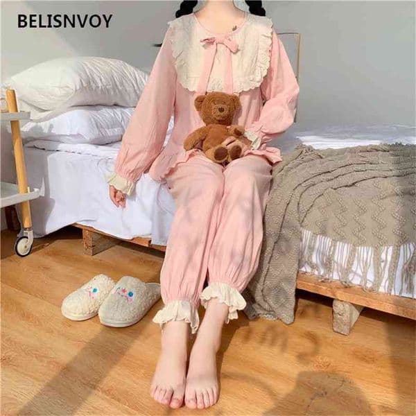 Sweet Korean Version Of Pajamas Women Simple Loose Fresh Two Piece Set Comfortable Wide Leg Pants Casual Home Wear For Female 210520