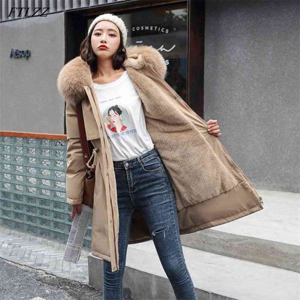 FTLZZ Winter Women Adjustable Waist Cotton Jacket Casual Loose Fur Collar Hooded Long Parka Coat 210923