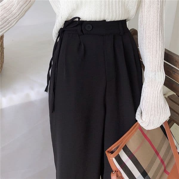 OL High Waist Lace-Up Casual Summer Brief Gentle Lady Loose Chic Thin All Match Straight Trousers Wide Leg Pants 210421