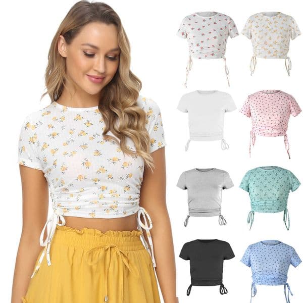 Floral Print Crop Tops Women Casual O Neck Short Sleeve Drawstring Lace Up Slim Summer T-shirts Holiday Navel Ladies 210526