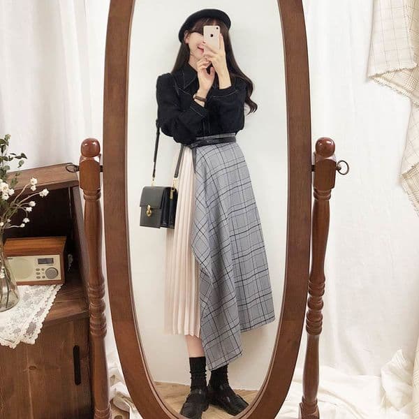 Plus Size Harajuku grey Women Blouse suits Girl Pleated Plaid vintage Long Skirt Sell separately 210417Z
