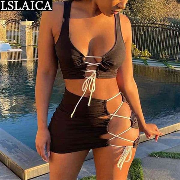 Two Piece Set Women Crop Top&skirt Solid Color Criss-cross Hollow Out Sets Knit Sexy Party Clubwear Summer Female Clothing 210515