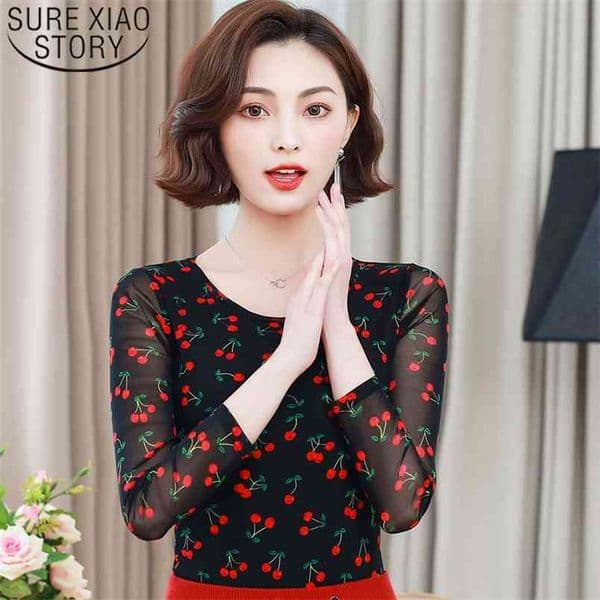 Casual Printed O-neck Women Tops Basic Tee Shirts Autumn Fashion Long Sleeve Blouses 6207 50 210506
