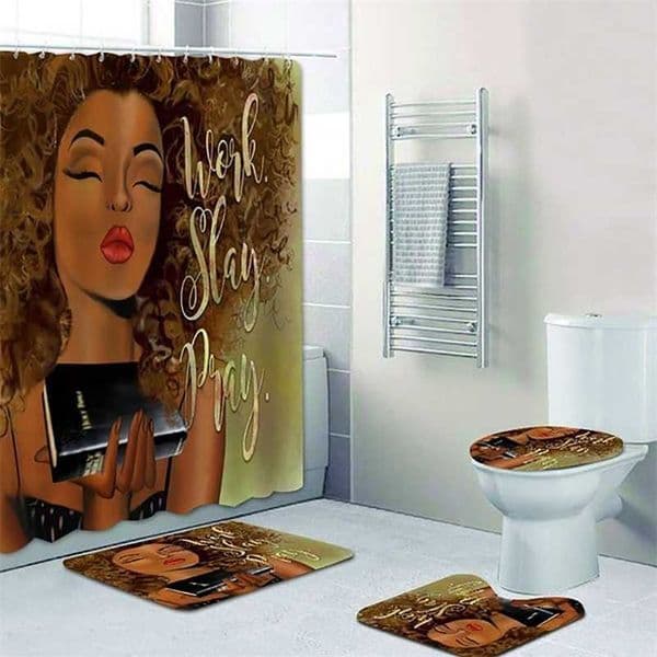 Designer African American Shower Set Black Girl Work Slay Pray Bathroom h Curtain Bath Mat Rug Carpet Toilet Inspiration Home Decor Free Shipping