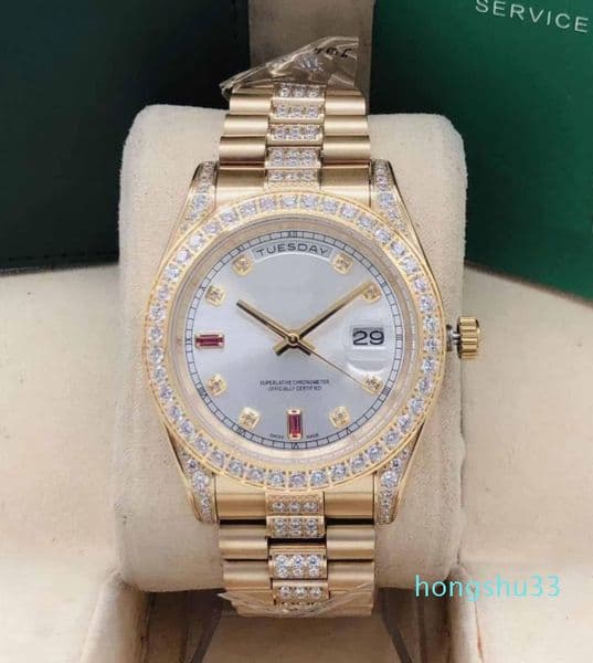 Master watches, fashion business, diamond bezel strap, gold case, 36 mm disk sapphire glass, folding buckle, mechanical automatic chain