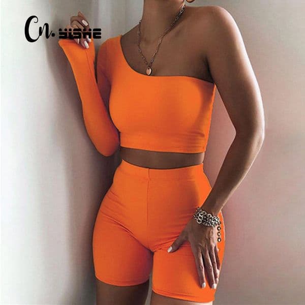 CNYISHE One Shoulder Casual Matching Sets Women Tracksuit Long Sleeve Sporty Suits Crop Top + Biker Shorts Two Piece Lounge Set 210419
