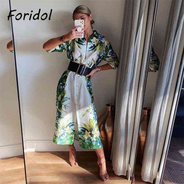 Print Boho Summer Satin Shirt Dress Robe Women Casual Loose Belt Maxi Long Sleeve Spring Silk Green Floral Beach 210427