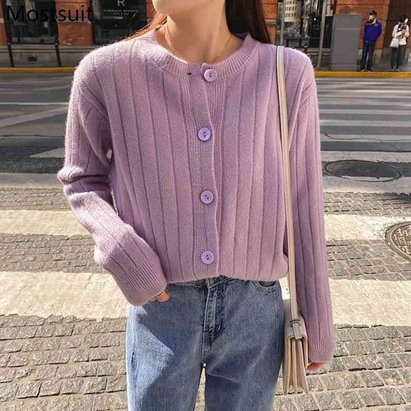 Autumn Fashion Knitted Cardigans Sweaters Women Long Sleeve O-neck Single-breasted Solid Tops Femme 210514