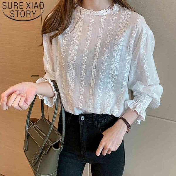 Autumn Cotton Blouse Long Shirts For Women Tops White Plus Size Solid Flare Sleeve Blusas Mujer De Moda 6874 210415