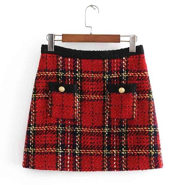 Chic Pockets Buttons Tweed Skirts Women Fashion Casual Plaid Skirt Elegant Ladies A Line Mini Skirts Casual Faldas 210412Z