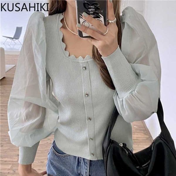 Summer Sun Protection Knitwear Elegant Patchwork Puff Sleeve Pullovers Korean Square Collar Knitted Tops 6H415 210603