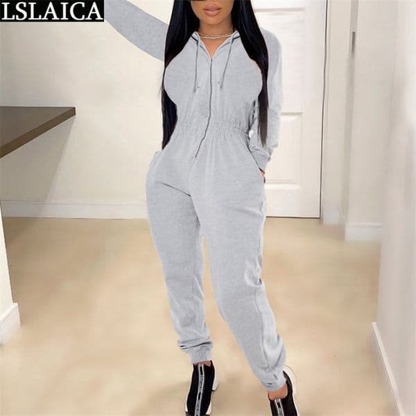 Plus Size Jumpsuit for Women Long Sleeve Zip Hooded Elastic Waist Playsuits and Jumpsuits Solid Color Fashion Knit Romper 210515