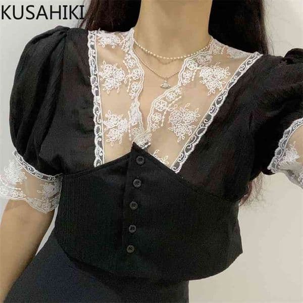 Lace Patchwork V-neck Woman Shirts Korean Puff Sleeve Single Breasted Blouse Slim Waist Short Blusas 6J516 210603