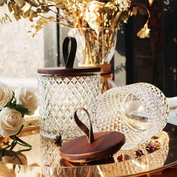 Acacia Wooden Cover Glass Bottle Household Coffee Storage Tank Tea Can Kitchen Jars For Spices Nuts Diamond Storage Glass Box 210330