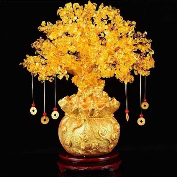 19cm Natural Crystal Tree Money Ornaments Bonsai Style Wealth Luck Feng Shui Home Decor(with Gold Coins and Base) 211108