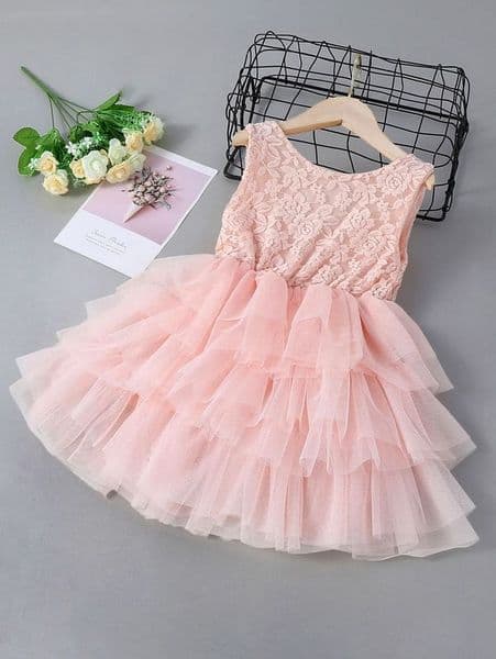 Toddler Girls Contrast Lace Mesh Layered Hem Dress SHE