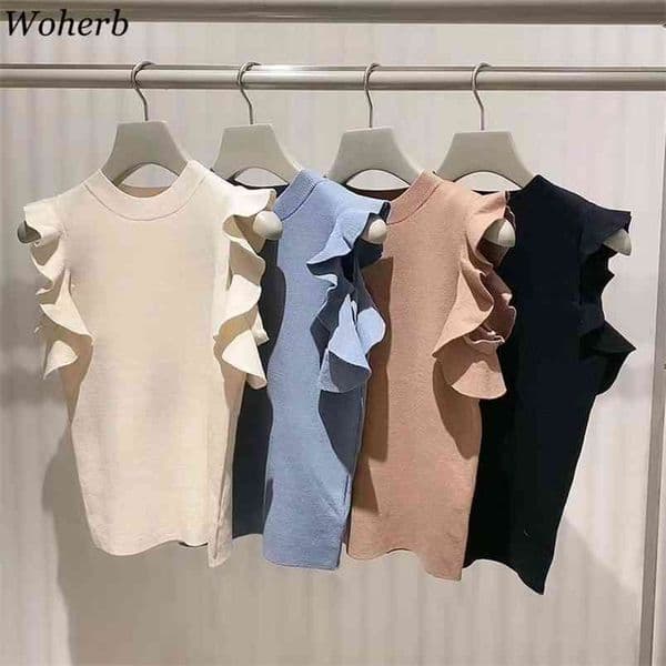 Summer Short Ruffle Sleeve Knit Sweater Women O Neck Off Shoulder Pullover Fashion Ladies Casual All Match Tops 210519