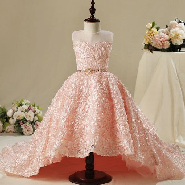 Pink Flower Girls Dresses For Weddings Princess Gowns Jewel Long Lace Appliques Big Bow Sweep Train Little Kids Holy Pageant Dress 403
