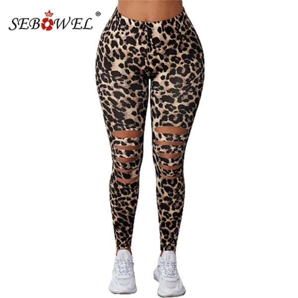 SEBOWEL Leopard/Solid Black Woman High Waist Hollow Out Skinny Fit Stretch Leggings Female Casual Long Pants S-XL 211204